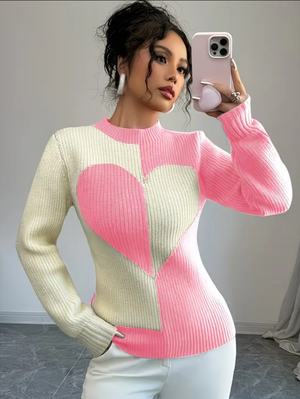 Pink & Cream Heart Block Ribbed Sweater L NIB
